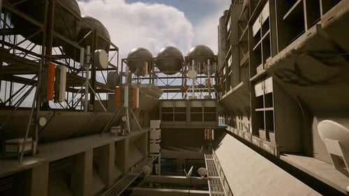 An Industrial Building with a Concrete Roof Against a Backdrop of the Sky