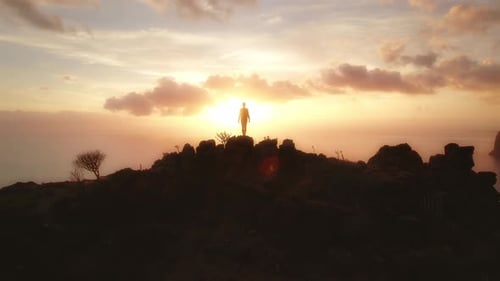 Woman stands on a rocky cliff with arms outstretched, enjoying the view of the sea and the sunset, c