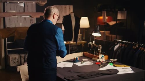 Tailor Measuring Fabric in Fashion Workshop