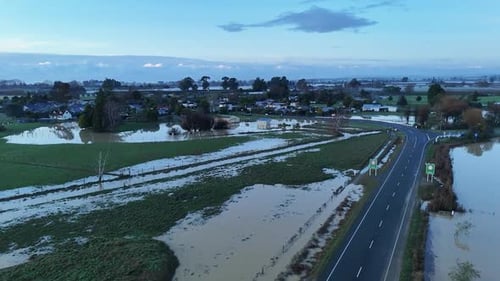 Aerial view of flooded houses and fields, New Zealand.