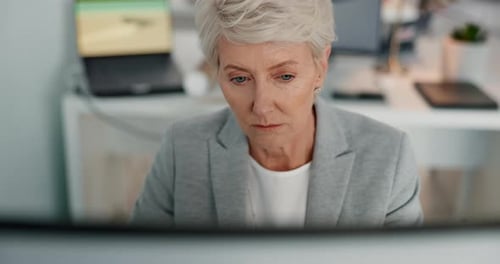 Mature woman, thinking or computer in office building for architecture planning