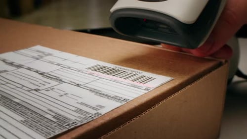 Scanner Scan Delivery Box in Storage Ecommerce Shop Man Packing Goods and Clothes Second Hand