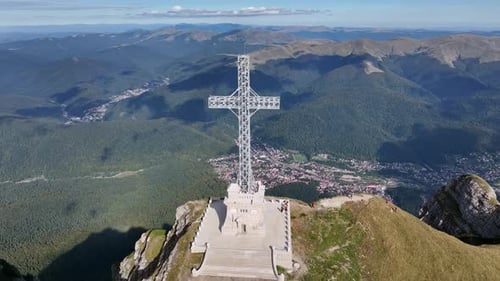 View of the Cross of Heroes on Mount Caraiman in the Bucegi Mountains, Romania