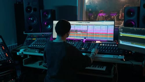 Sound Producer Creating Track Using Mixing Console while Two Girls Performing