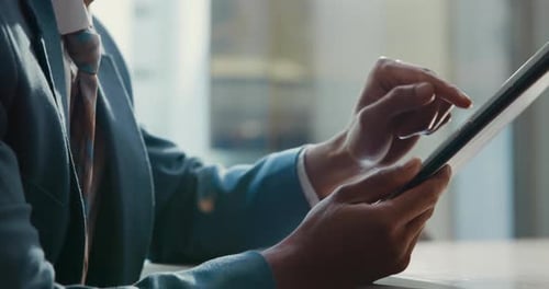 Corporate, tablet and hands of businessman in office for website, research and online project