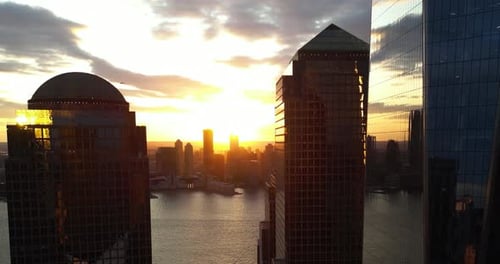 Aerial view of Manhattan skyscrapers at sunset, New York City, USA