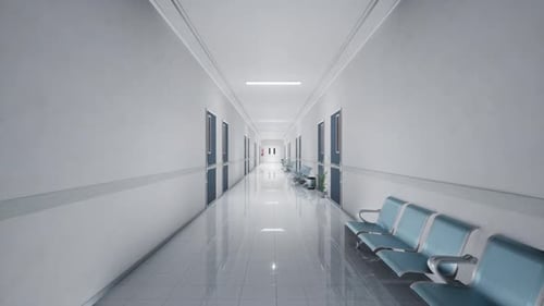 A Clean, Modern Hospital Corridor With Polished Floors And Bright Lighting