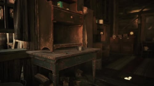 A Rustic Wooden Table with an Old Cabinet in a Dimly Lit Workshop