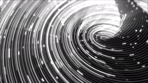 Abstract black and white swirl pattern with glowing lights and dynamic circular motion