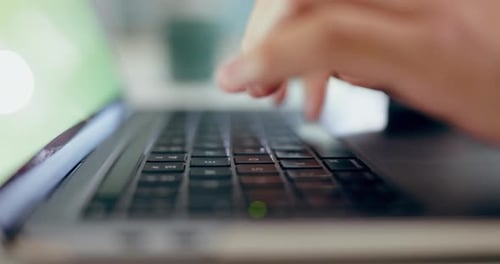 Business hands, keyboard and typing email on office desk working on article, research project