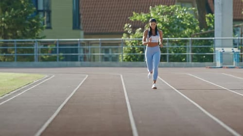 Beautiful Fitness Woman in Light Blue Athletic Top and Leggings is Starting a Sprint Run in an Outd