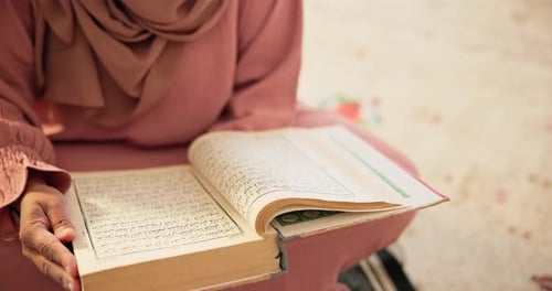 Quran, islamic or hands of woman with faith for praying, peace or spiritual care in holy religion