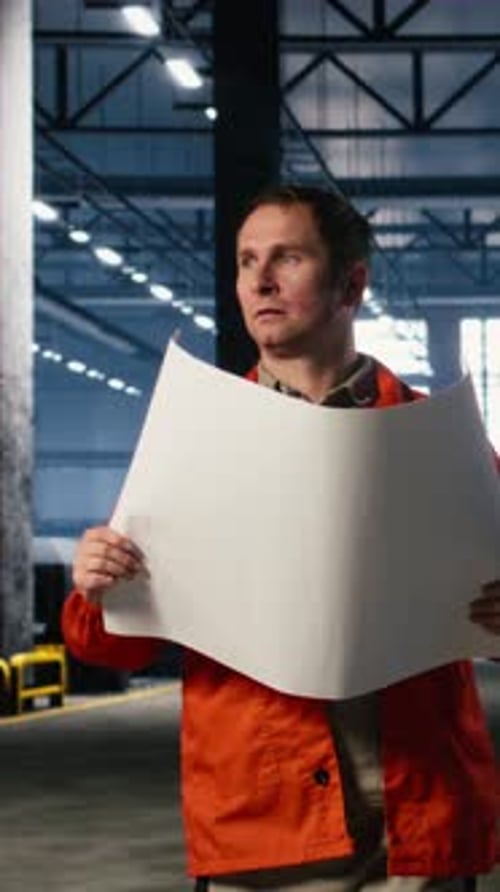 Vidéo verticale : opérateur d'usine utilisant des plans de production pour soutenir les tâches de logistique et d'assemblage