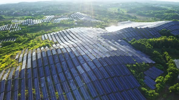 Aerial View Of Solar Panels (Solar Cell) With Sunlight. drone Flight ...