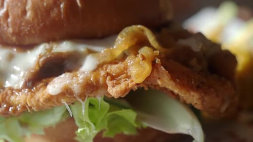 Delicious Crispy Chicken Burger with Melted Cheese Close-up