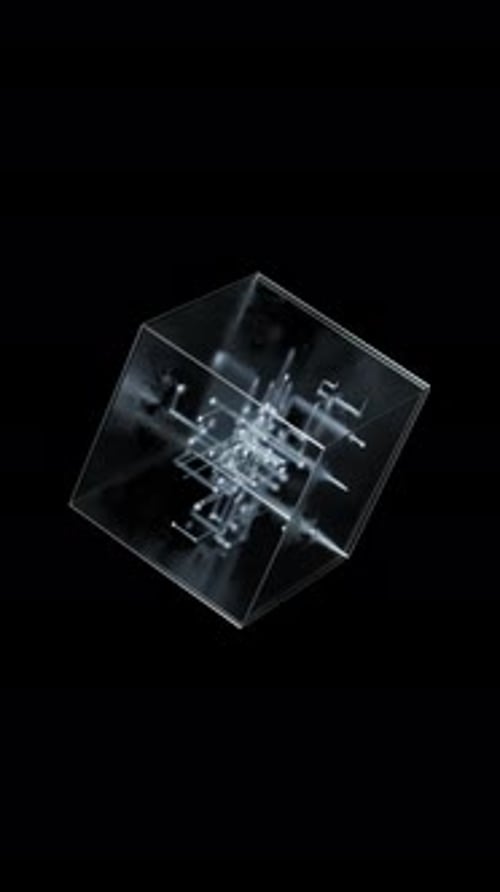 Ein eleganter und transparenter geometrischer Würfel, gerendert auf einem raffinierten schwarzen Hintergrund mit Alpha