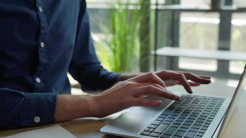 Moving Shot Male Hands Typing Laptop Keyboard Working Business Project at Office Arabian Hispanic