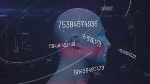 Animation of numbers changing over human head spinning and scope scanning in background