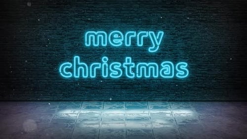 Glowing Merry Christmas Neon Text on Dark Brick Wall