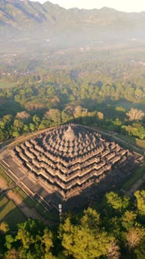 Aerial View of Ancient Borobudur Temple at Sunrise in Central Java Indonesia