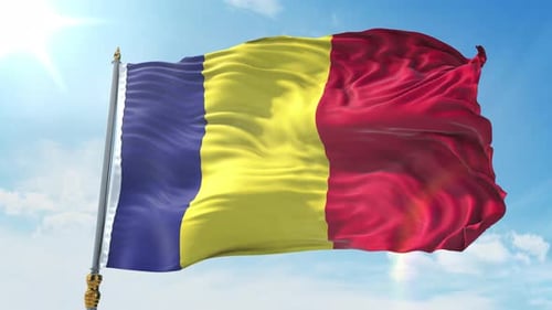 Realistic Romanian Flag Waving in Blue Sky with Sun