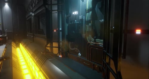 Futuristic Corridor Illuminated with Neon Lights in an Advanced Facility