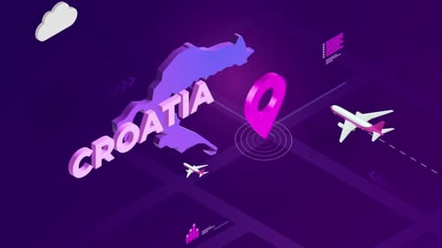 Isometric Croatia Travel Map with Airplanes and Location Pin