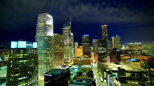 Aerial View of a City Skyline at Night