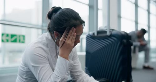 Woman, phone and delay time at an airport while exhausted, angry and tired of waiting