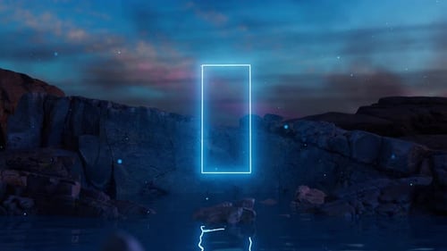 Neon glowing rectangular portal appearing on rocky coast at night