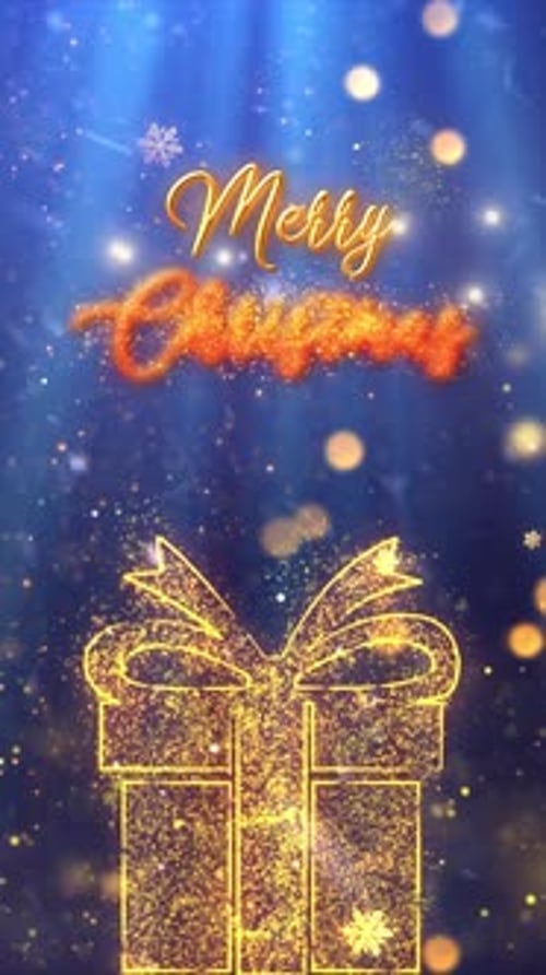 Glowing Merry Christmas Text and Gift Box Particle Animation
