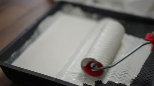 Closeup Slow Motion A Woman's Hand Dips a Wide Paint Roller Into White Watersoluble Paint and Rolls