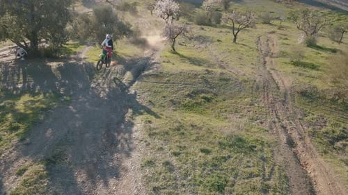 Static aerial drone shot from a motocross track in Malaga Spain during a motocross race in which the