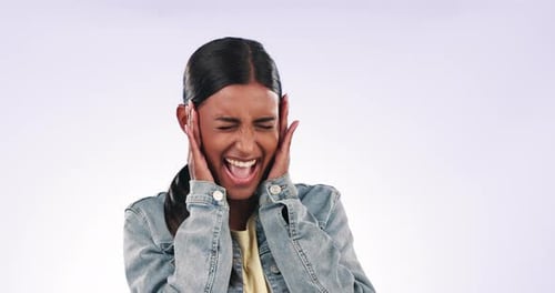 Face, surprise and woman with wow, smile and facial expression on a white studio background