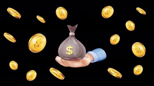 Geld-Dollar-Tasche mit fallenden Goldmünzen, Animation