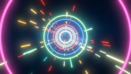 Abstract multi-colored energy tunnel from flying circles and lines neon magical glowing background
