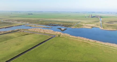 Aerial view of countryside and nature reserve Hoeksmeer, Groningen, Netherlands.