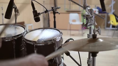 Close up of playing hi-hat drums kit in studio, closeup