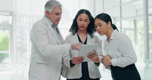 Team, business and tablet for online reading, check schedule and planning in office for leadership