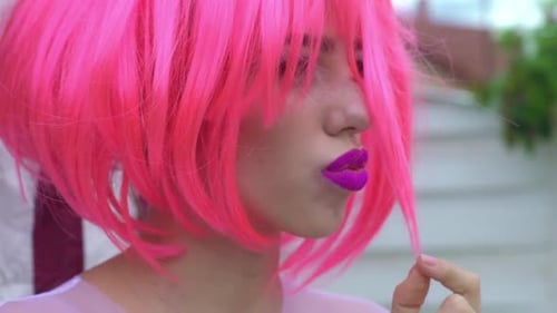 Girl Fashion Sexy Model Funny Beauty Young Woman with Pink Hair Pink Makeup Crazy Beautiful Rock