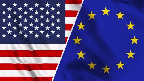 Waving Flags of United States and European Union Partnership