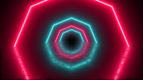 Red and Blue Neon Tunnel Octagon Shaped Figures Wallpaper Background