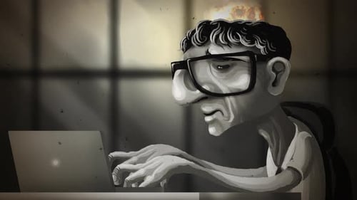sad office worker experiencing burnout with flames emerging from head while working at computer