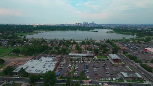 Summer at Sloans Lake Park downtown Denver spring Colorado aerial drone Edgewater Marketplace forwar