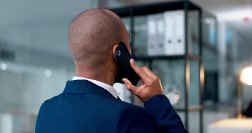 Business man, back and phone call in office with networking, discussion and lawyer talk