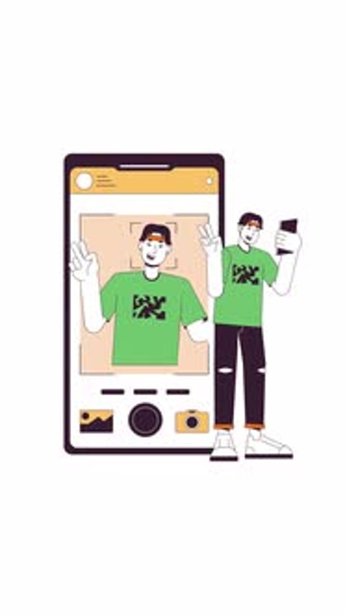 Young korean man taking selfie with mobile camera 2D vertical animation
