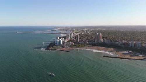 Aerial view of touristic coastal city of Mar del Plata, Argentina. Famous holiday destination.