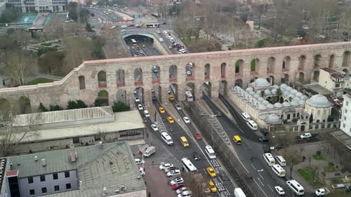 The Aqueduct of Valens in Istanbul Turkey zoom in rotation shot