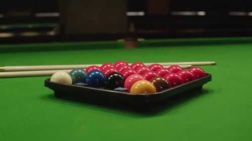 Snooker Colorful Balls Closeup on Green Billiards Table for Start to Play Snooker Game Billiard