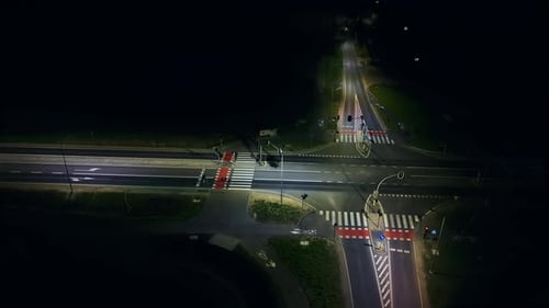 Quiet Intersection at Night Aerial View